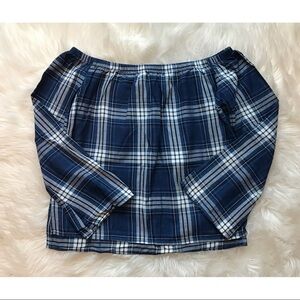 Cloth & Stone Off the Shoulder Plaid Flannel Blue
